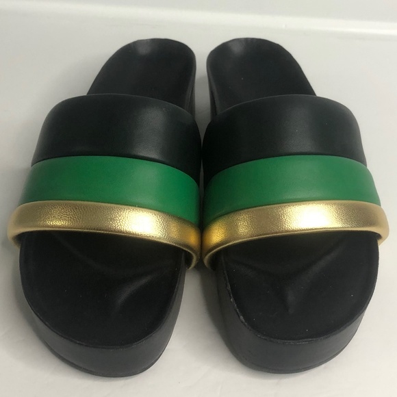 Sandro Black Green/Gold Striped Platform Slide on Sandals Size 37 - Picture 5 of 10